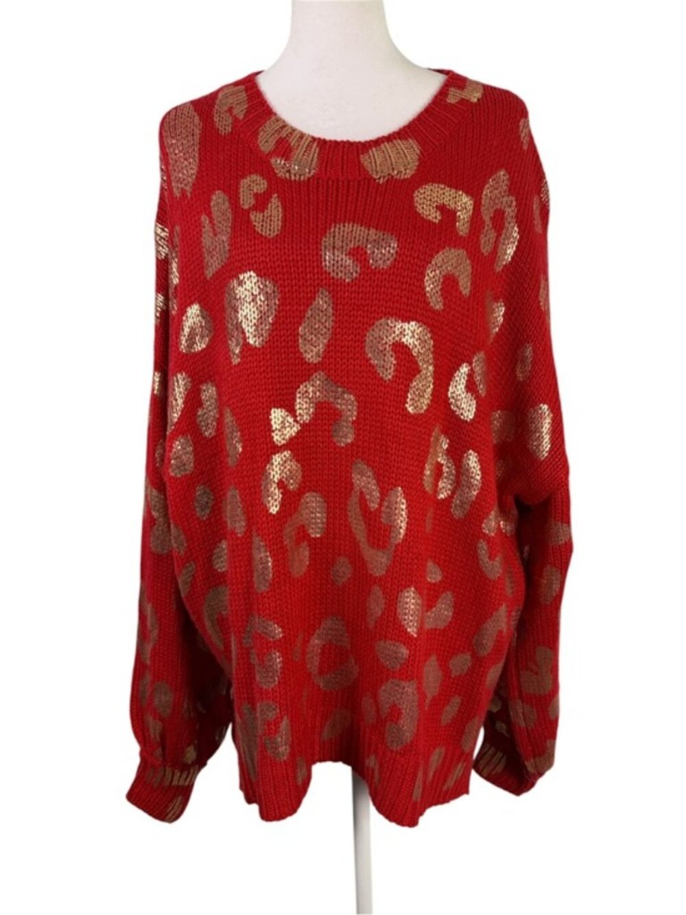 Jodifl Red Metallic Gold Leopard Oversized Sweater Size M Holiday - Picture 2 of 9